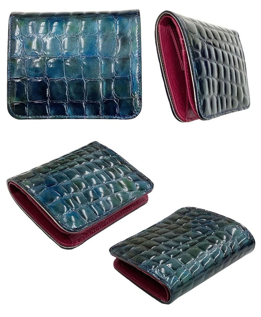 HARUBE Kyoto Naniwaya Compact Slim Folding Wallet, Cowhide Leather with Crocodile Embossing and Enamel, Functional, Women's, #86-533 [Enamel