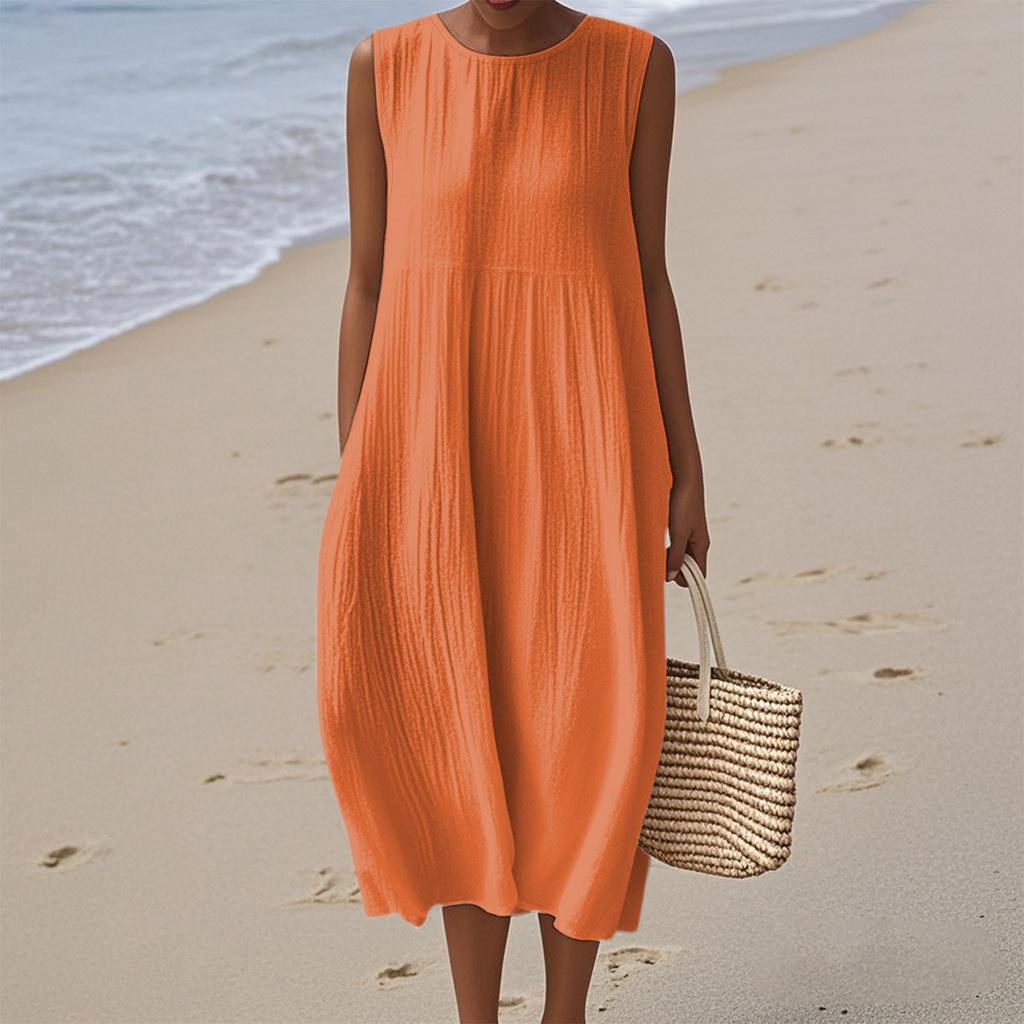 Women's Fashion Casual Sleeveless Round Neck Solid Color Elegant Temperament Dress