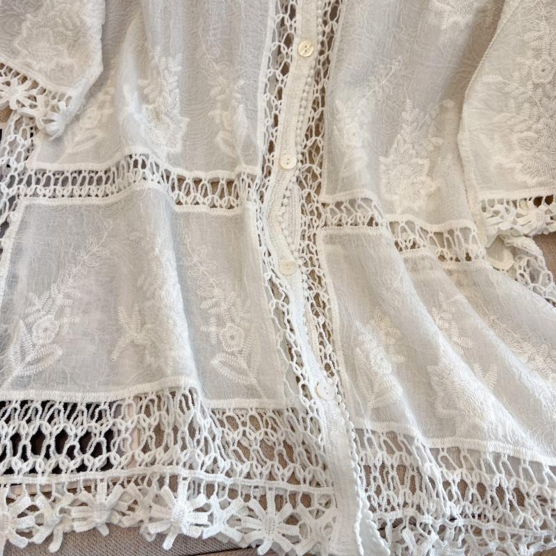 DIMANAF 2025 New Summer Buttons Shirt Women Lace Blouse Embroidery Short Sleeve Fashion Tops Tees Casual Loose Tees