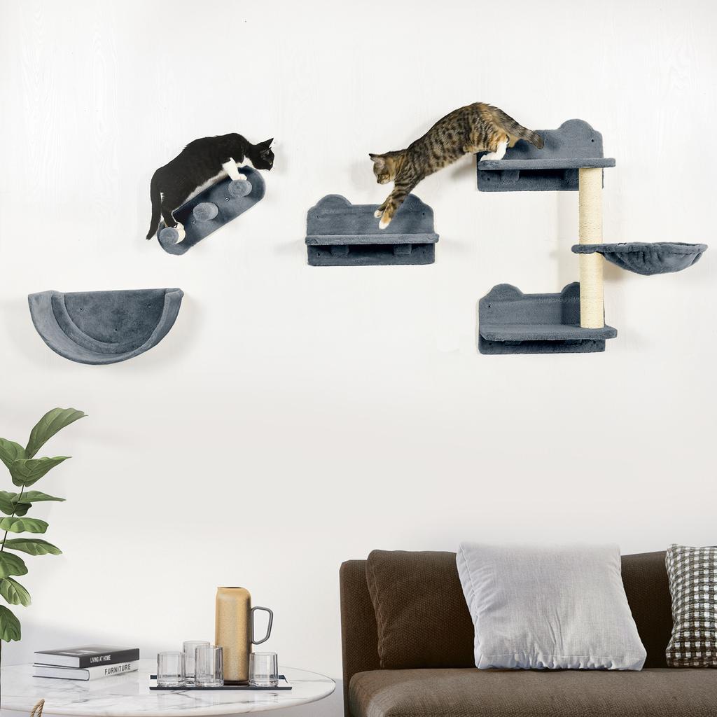 4PCs Wall-Mounted Cat Shelves w/ Scratching Post, Hammock, Nest - Grey