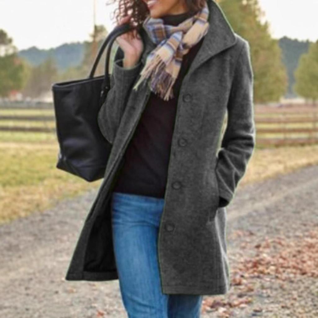Womens Wool Coat With Pockets For Office Casual In Thick Polyester Fabric