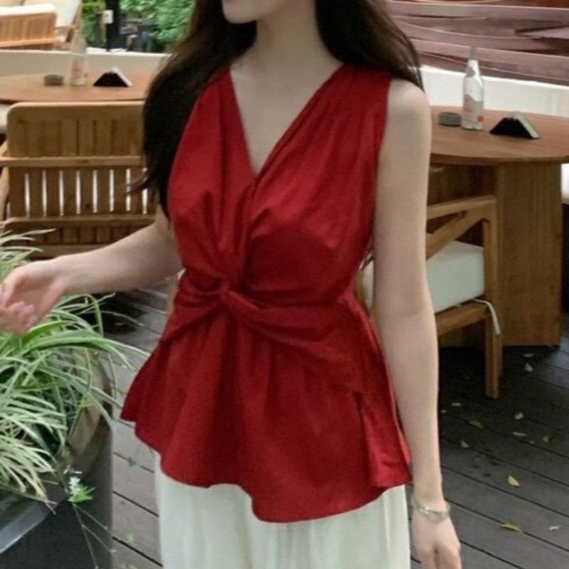 Solid Color Women's Vest Korean Style Slim Fit V-neck Twisted Design Female Sleeveless Camis Summer New Trend Casual Chic Ladies Top