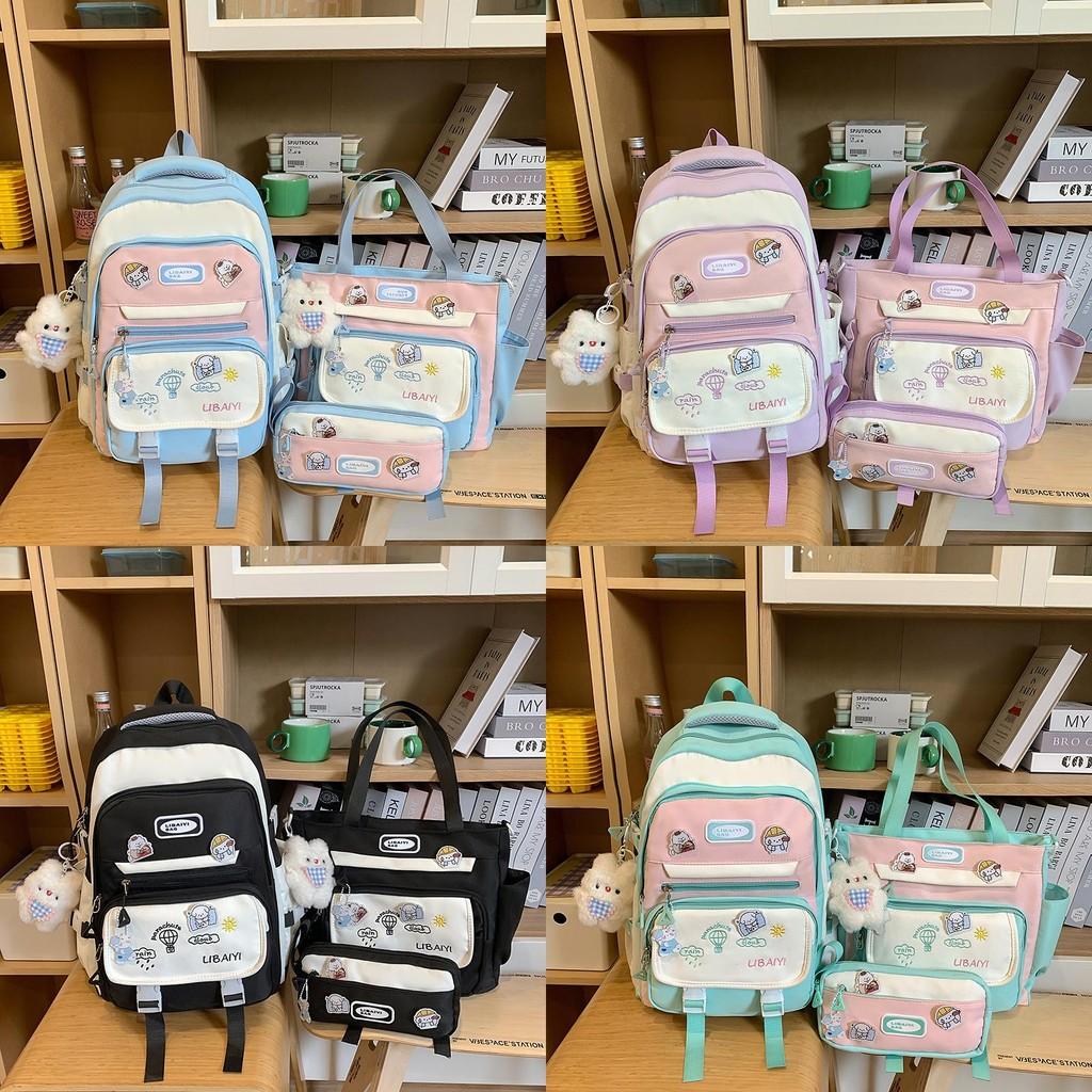Color Blocked Embroidery Student Backpack Shoulder Bag Pencil Case Set For Casual Summer Wear
