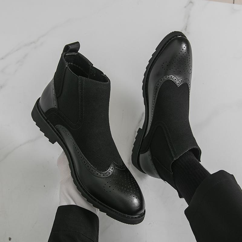 Fashion Designer New Men's Pointed Patchwork Patent Leather Casual Brogues Ankle Boot Male Winter Brown Black High Tops Shoes