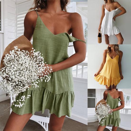 Sexy Women Dress Solid Color Sleeveless Deep V Neck Ruffle Hem Loose Mini Dress for Party