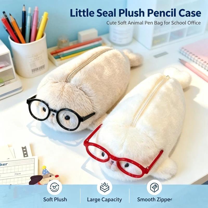 Kawaii Seal Plush Pencil Bag With Glasses Frames Large Capacity School Supplies Storage For Girls Stationery