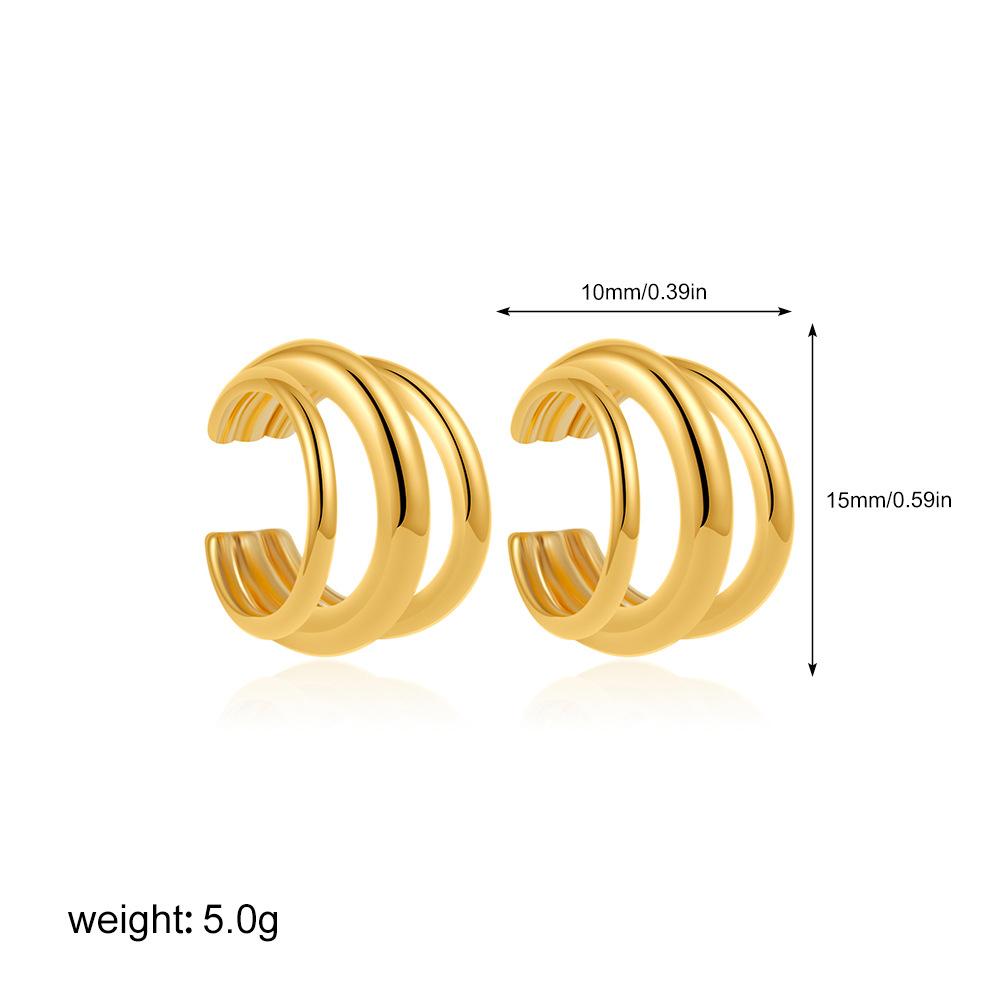 18K gold simple C-shaped ear clips without ear piercings, ear bone clips, three-layer circle earrings, ear jewelry.