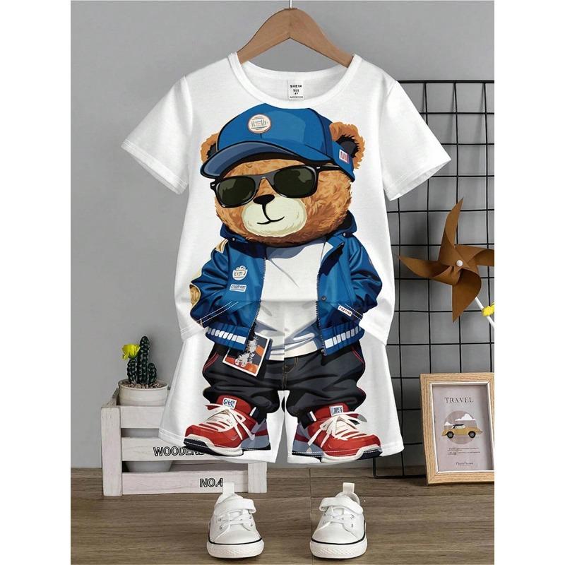 Anime Trend Bear Print Short Sleeve T-shirt Shorts 2 Summer Men's Fashion Street Short Sleeve Suit Heat Insulation Anti-wrinkle