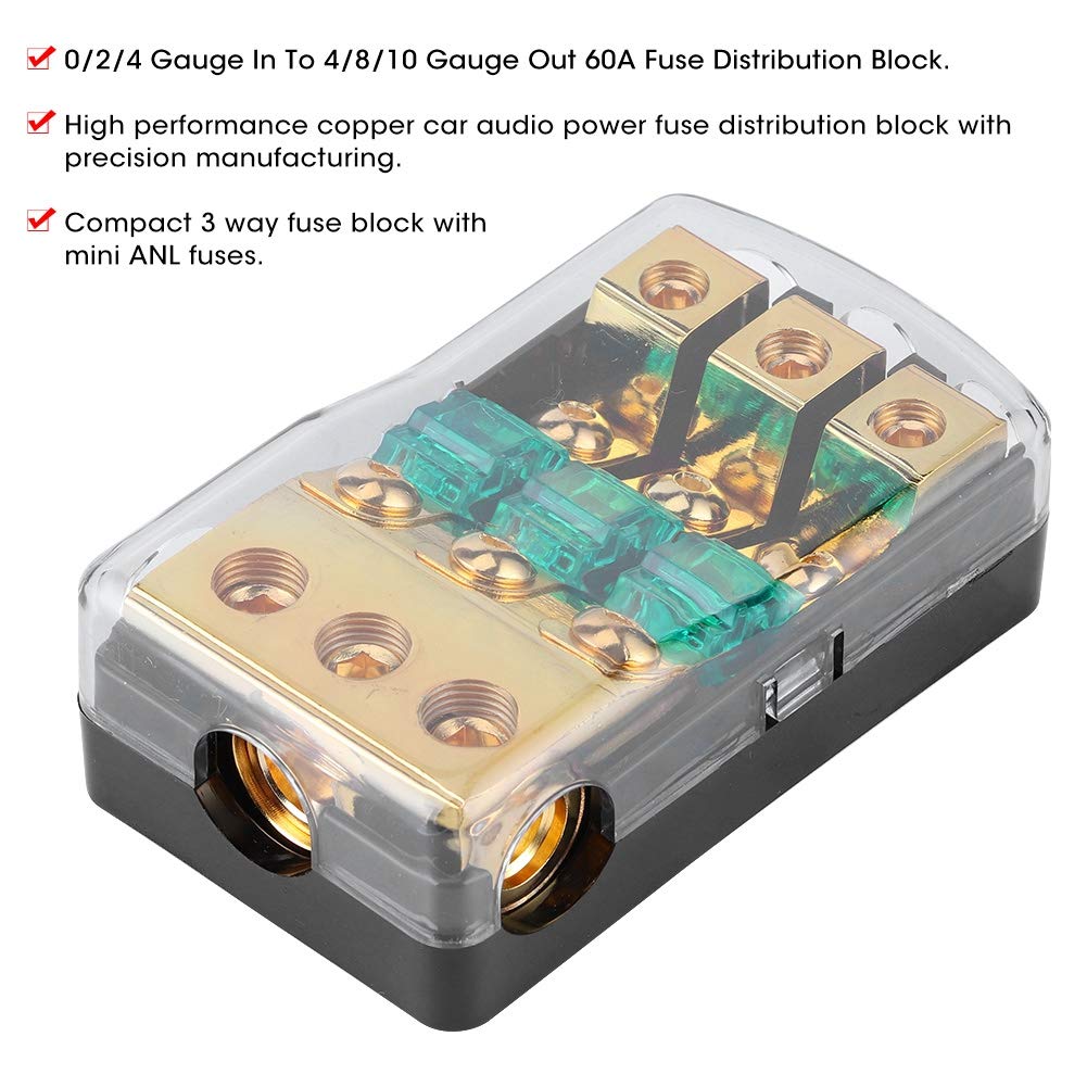 KIMISS Fuse Distribution Block, 0/2/4 Gauge In To 4/8/10 Gauge Out 60A 3 Way