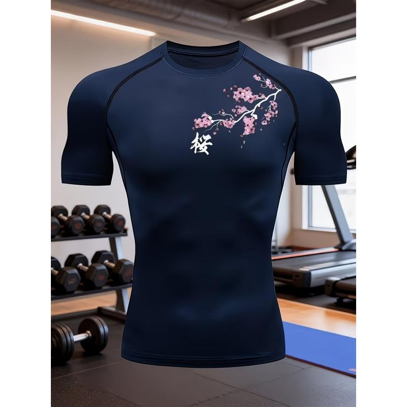 Mens Navy Blue Compression Short Sleeve T-Shirt Cherry Blossom Graphic Slim Fit Gym And Running Athletic Training Top