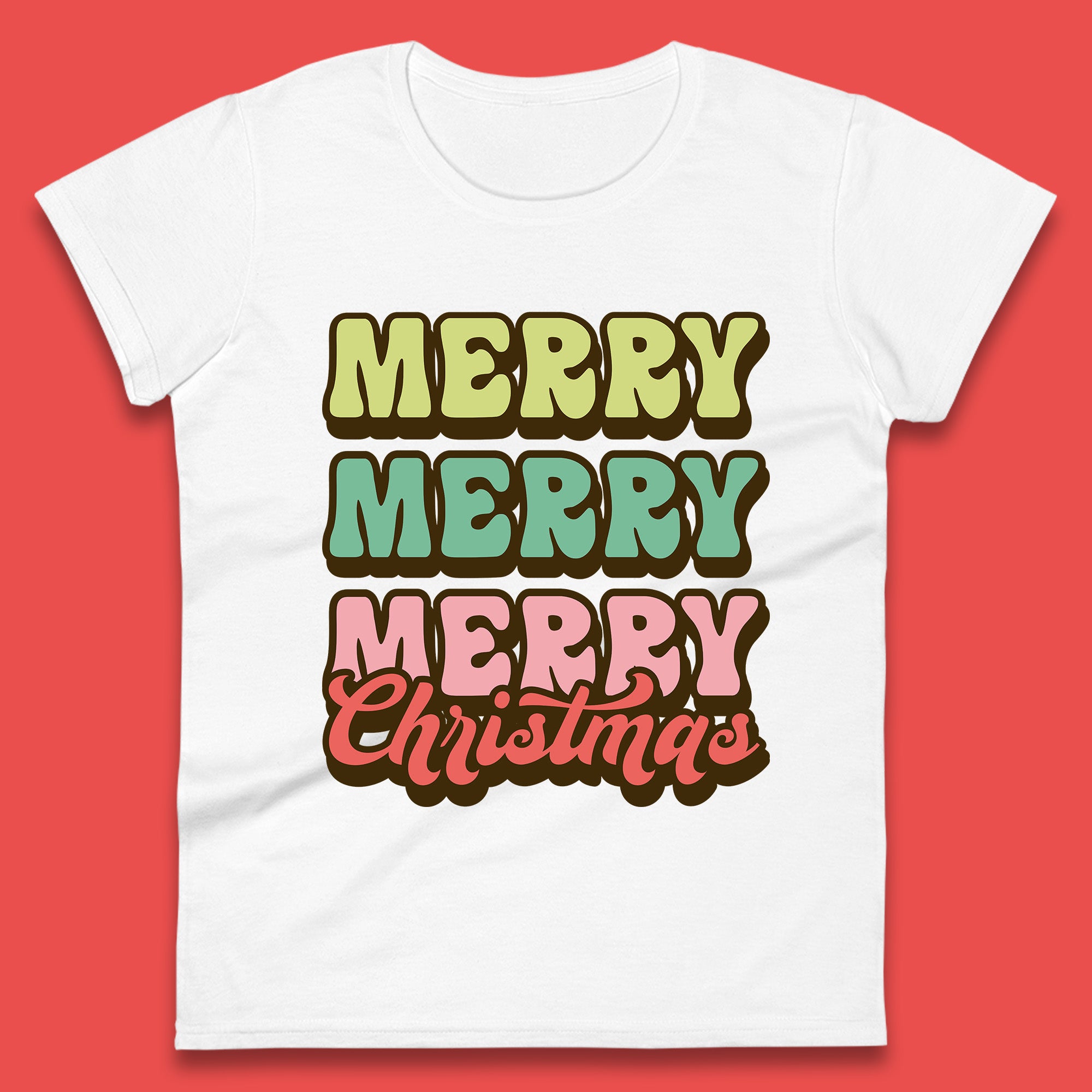 Merry Merry Merry Christmas Womens T Shirt Mens Tops Tees Unisex Retro Groovy Style Top S