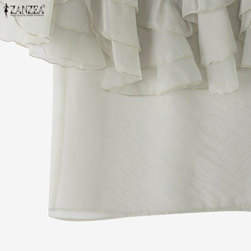 ZANZEA Damen Sommer Casual Kurzarm Durchsichtige Rüschen Überwurf Bluse
