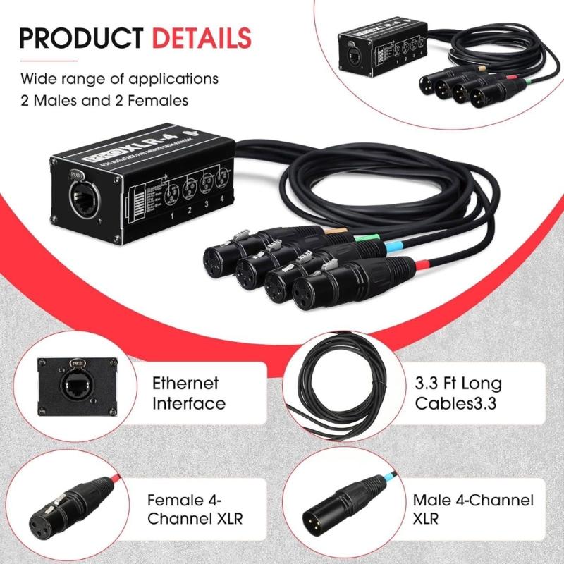 RJ45 To 4 Channel XLR Sound 3Pin Splitter For Cable Networking Extension Stage Studio Recording Connector Accessories