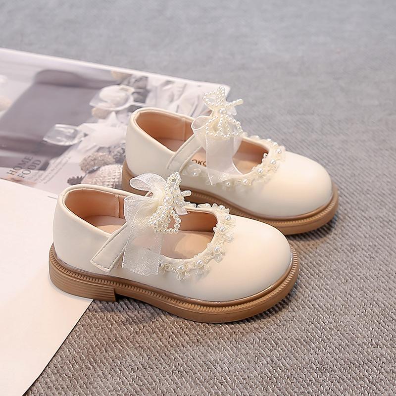 Girls leather shoes pearl bow princess shoes 2025 spring and autumn new children's single shoes student black performance shoes tide