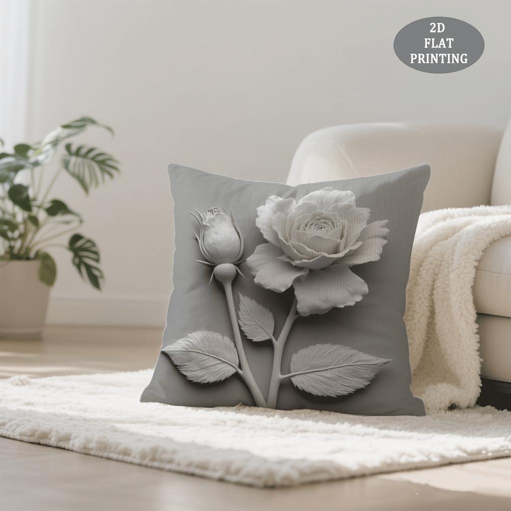 1pc Throw Pillow Cover, Gray Rose Pattern Short Plush Pillowcase, INS Style, No Insert Included, Suitable for Sofa Cushion, Seat Cushion