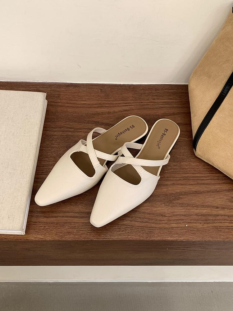 Summer Outside Slides Mules Pointed Toe Woman Slippers Leather Shoes for Women 2025 Black Sandals Flat Heel Korea Style Mujer