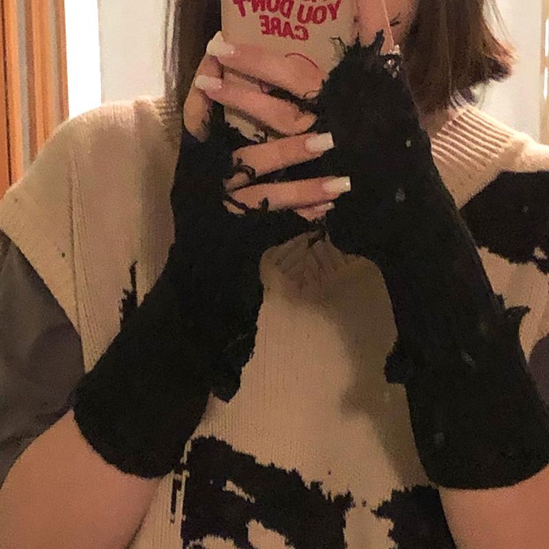 1pair Black Tattered Punk Unisex Fingerless Cuff Knit Gloves Women Men Elbow Length Mittens Broken Stretch Arm Warmer Gloves
