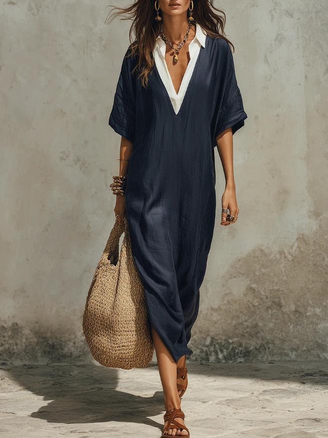 Bohemian deep V-neck long dress, loose vacation style dress, seaside vacation dress. S