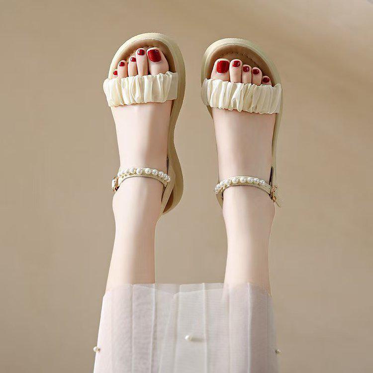 

2025 Spring/Summer Women s French Flat Beach Sandals - Fairy Style, Thick Sole, Little Fragrance Design 36 світло-жовтого кольору