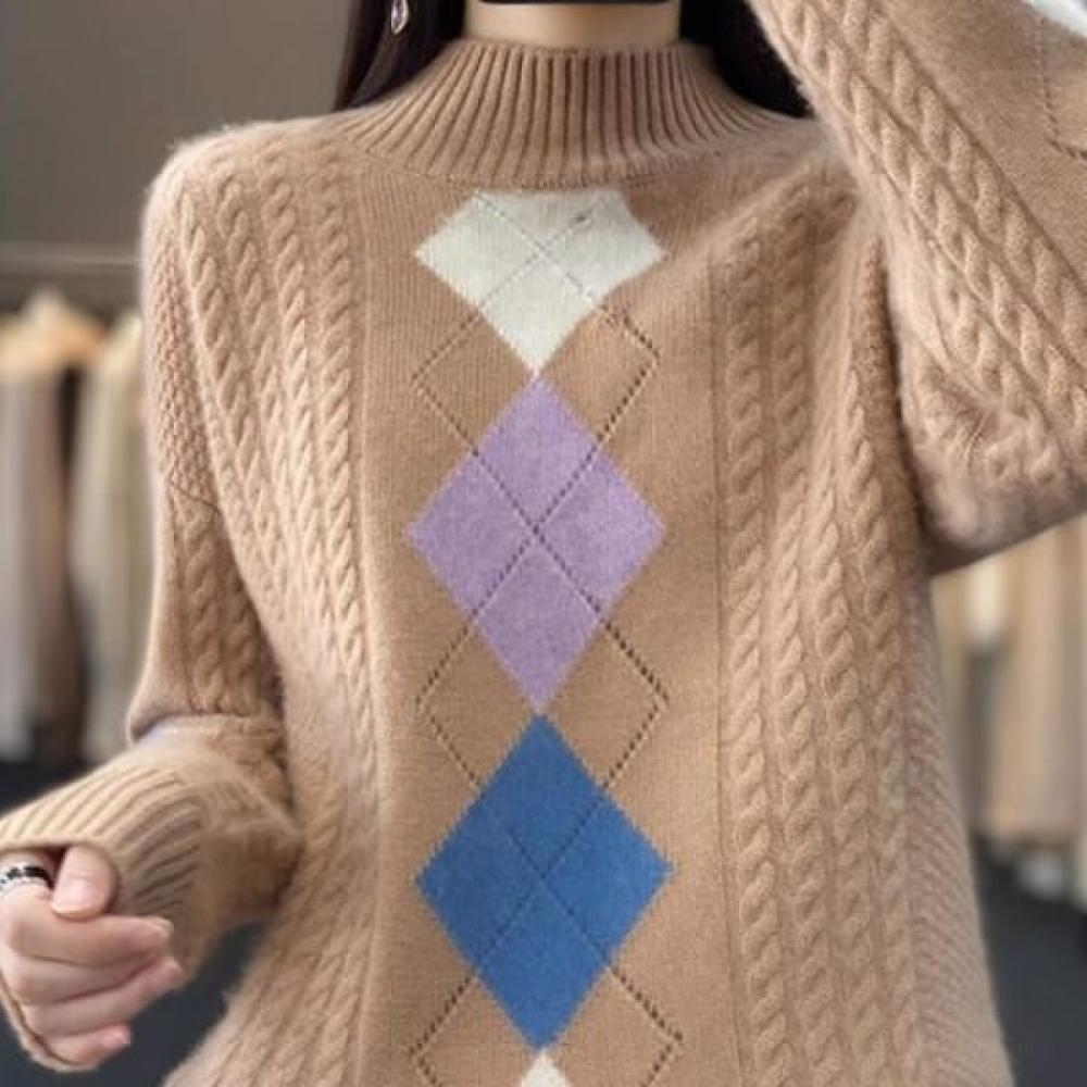 Navava Women Cable Knit Diamond High Neck Long Sleeve Sweater Nk2591