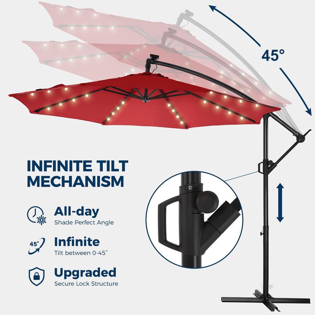 Patio Umbrella HY21L Cantilever 10ft UPF50+ 500H Fade Resistant 8 Umbrella Frame with Light