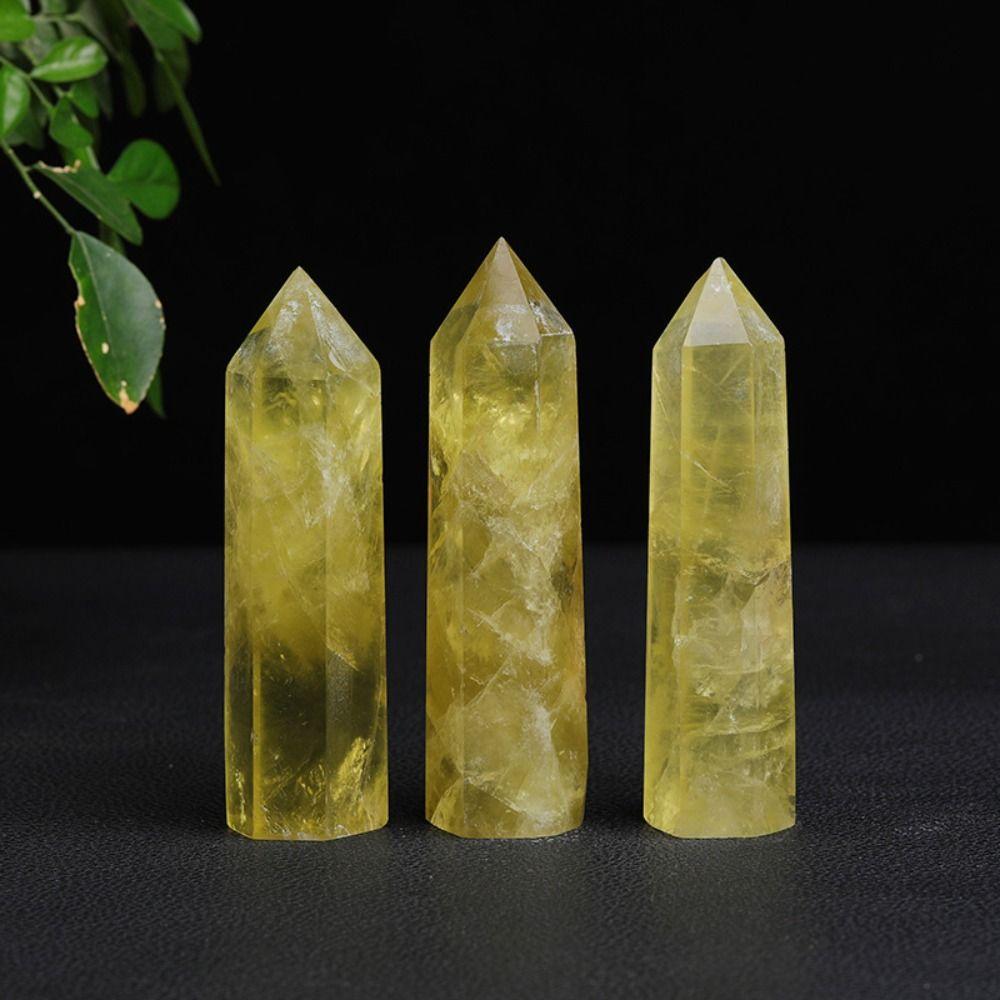 Beautiful Natural Crystal Unique Hexagonal Wand Column Home Decor Yellow Gem Office