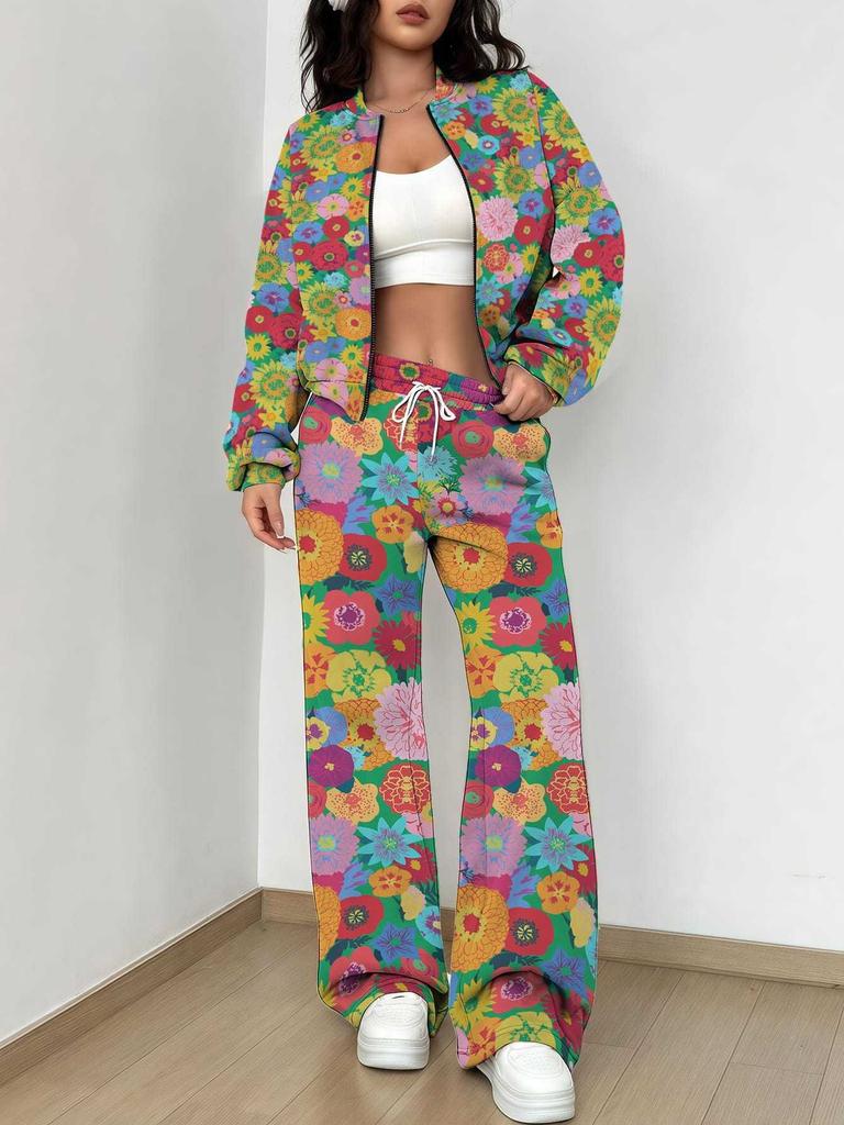 Casual Fashion Autumn and Winter New European and American Women's Clothing Color Flower Printing Suit Women