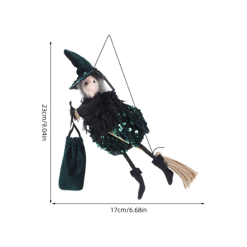 Spooky Flying Witch On Broomstick Hanging Decoration Fabric Wood Jute Rope Halloween Prop for Indoor Outdoor Haunted House