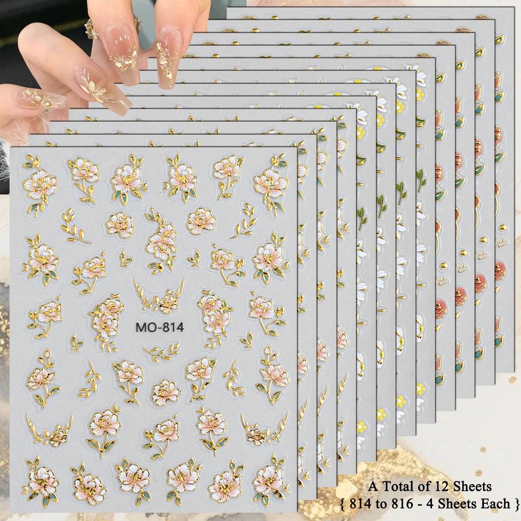 3 To 15 Sheets 5D Embossed Gold Outline Flower Nail Stickers Rose Daisy Spring Blossom Self-Adhesive Floral Decals