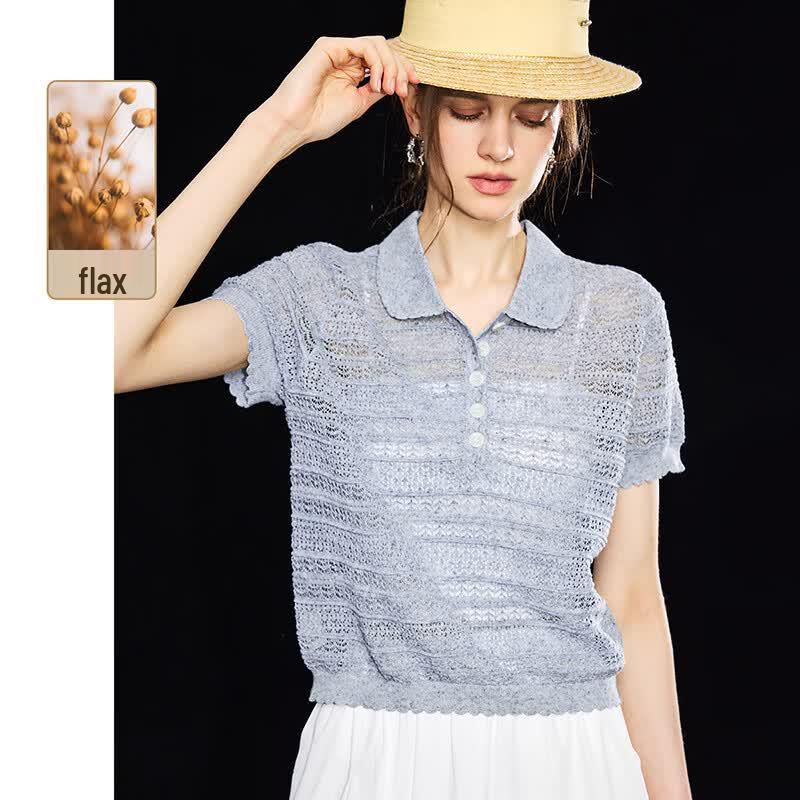 Elegant Old Money Style Cutout Knit Polo T-Shirt L