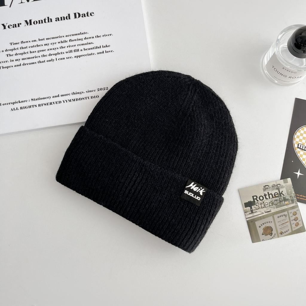 Korean Version of All-match Letter Labeling Flip Hat Brim Wool Hat Windproof Cold Hat Autumn and Winter Warm Knitted Hat Label
