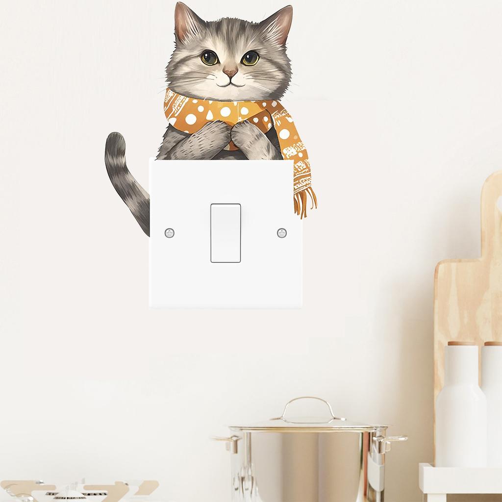 Self-adhesive Cute Cartoon Cat with Scarf Switch Stickers Waterproof for Living Room Kids Room Wall Decor Wholesale