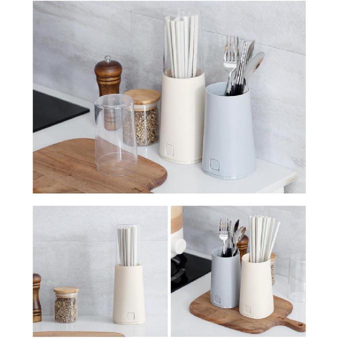 Beige Plastic Chopstick Holder with Lid, Detachable Drain Rack for Kitchen Utensils Organization, Spoon and Fork Storage Organizer, 3.34 X 3.34 X