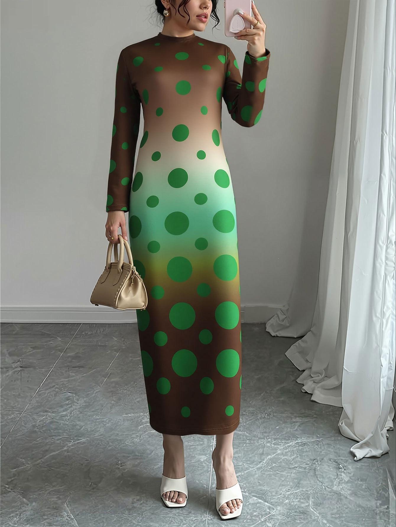 2025 autumn new product fashion temperament polka dot printing crew neck long sleeve long dress S