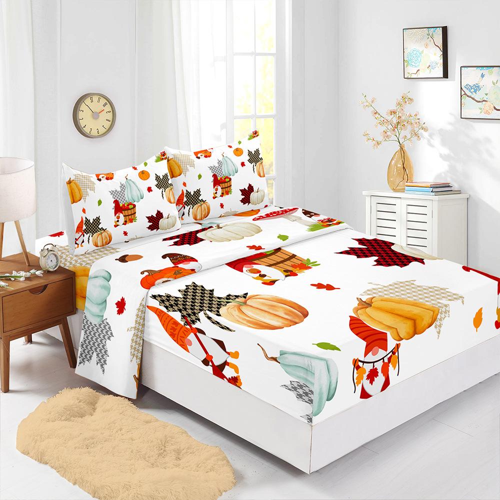 Four-Piece Mattress Set, Little Fox Pumpkin Thanksgiving 3D Digital Printing Mattress Protective Cover