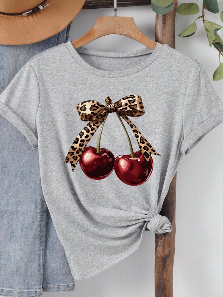 New Summer Women T Shirt Fashion Cherry Bow Print Short Sleeve T-Shirts Casual Streetwear Hip Hop Y2k Clothes Tops