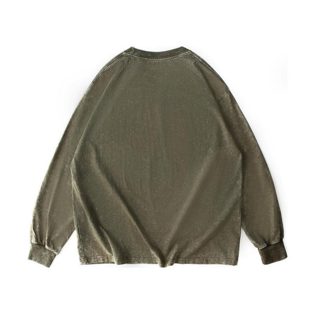 Men's And Women's Casual High-weight Washed Distressed Long-sleeved Men's Off-the-shoulder Retro Loose Round-neck All-cotton Top