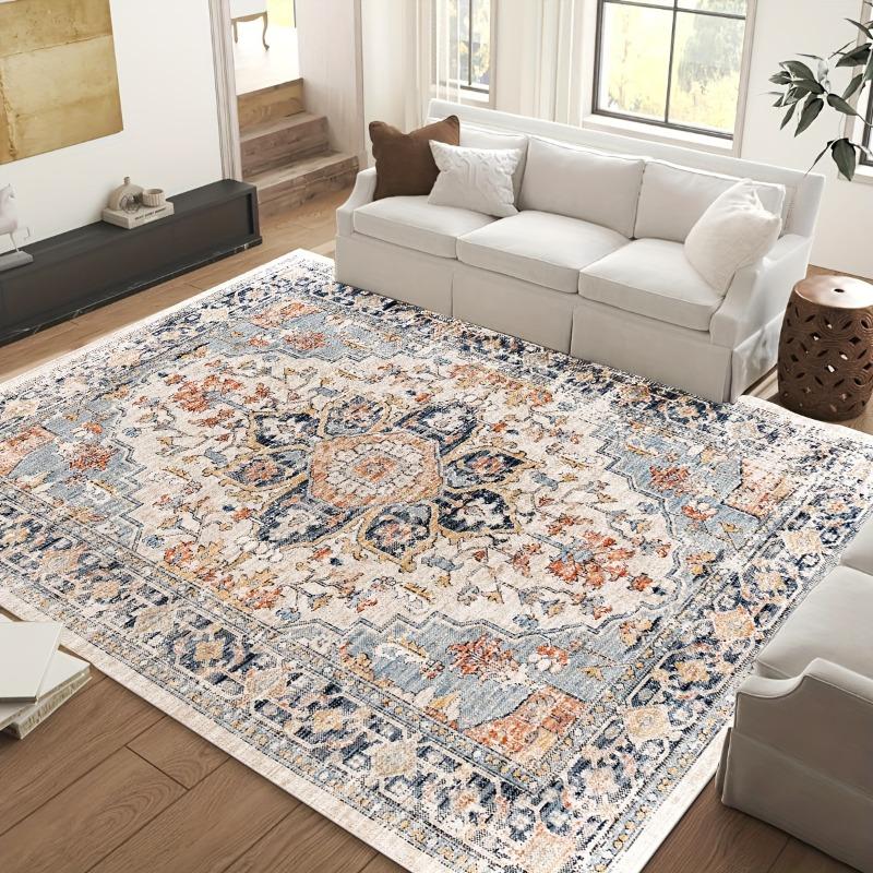 Alfombra de Área Bohemia Vintage Antideslizante con Intrincado Patrón Floral, Alfombrilla Suave para Sala de Estar, Dormitorio, Cocina, Decoración de Oficina