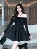 Hepburn style French sense one-word shoulder dress women's autumn pure desire waist cake princess dress fluffy dress