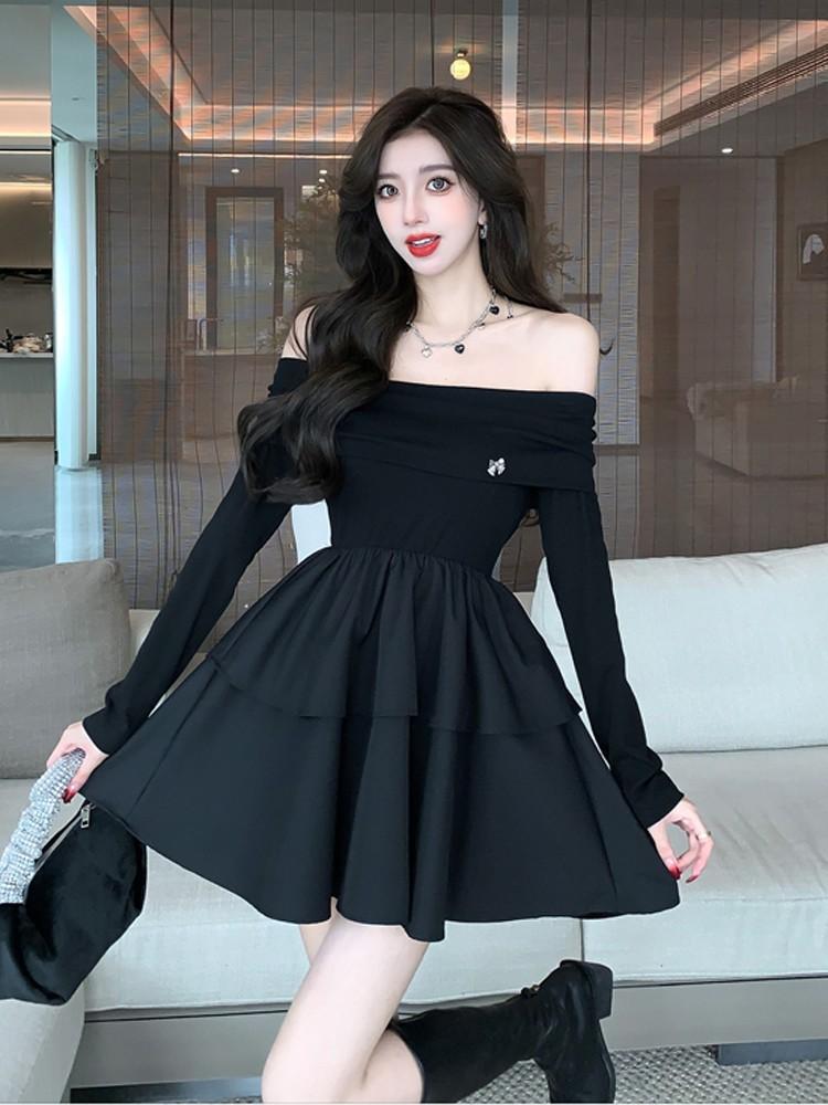 Hepburn style French sense one-word shoulder dress women's autumn pure desire waist cake princess dress fluffy dress
