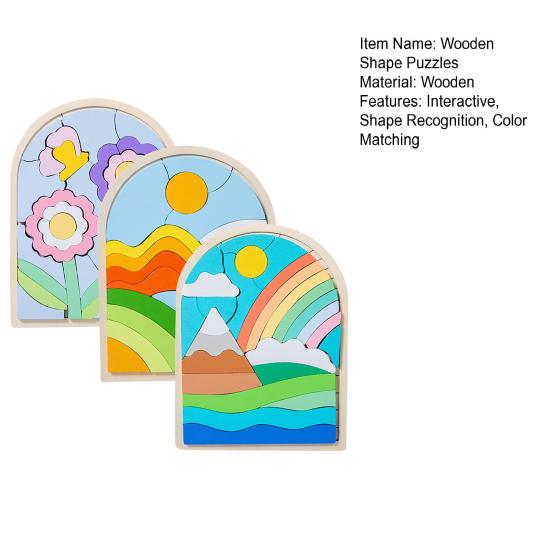 1 szt./3 szt. Zestaw puzzli z drewnianymi kształtami Motyw kwiatów, chmur, wschodu słońca Dopasowywanie kolorów Klocki poznawcze Rozwijanie umiejętności motorycznych Zabawka edukacyjna dla dzieci 3+ lat