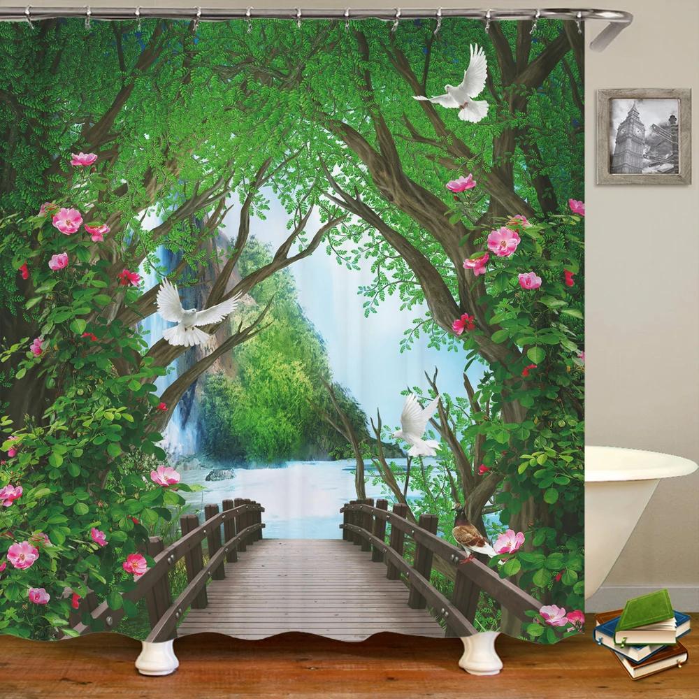 

Nature Forest Garden Landscape Shower Curtain With Hooks Waterproof Fabric Rural Trees Bamboo Scenery Decor Bathroom Curtains W60H190(CM)-1 Pcs