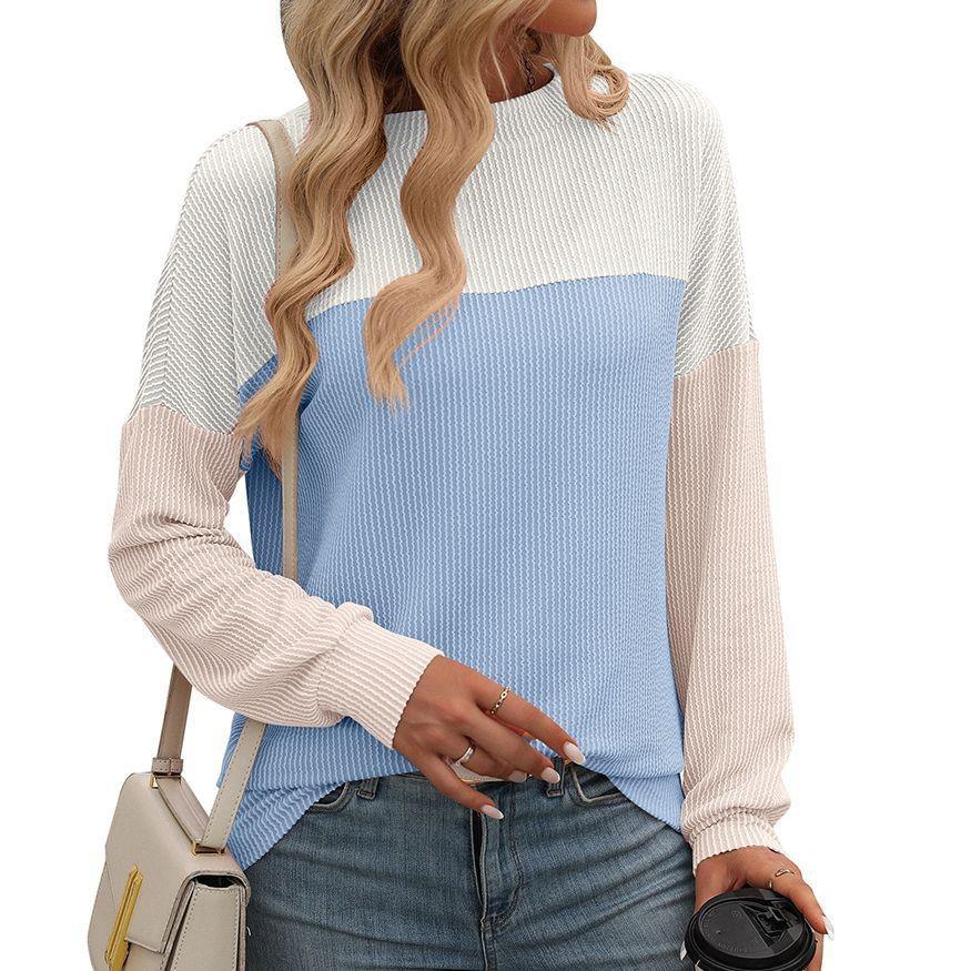 Spring and Autumn Round Neck Color blocked Long Sleeve Loose Women's T-shirts