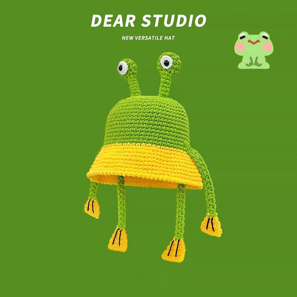 New Super Cute Funny Hat for Women Handmade Knitted Ear Protection Winter Warm Frog Wool Hat