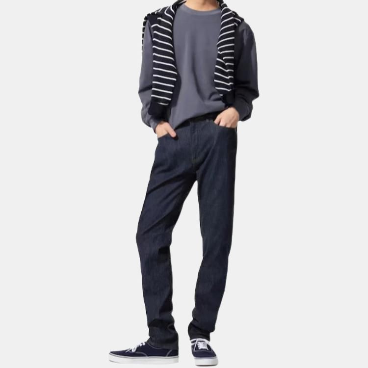 UNIQLO Solid Color Zipper Tapered Jeans Men bottoms Black 477153-09