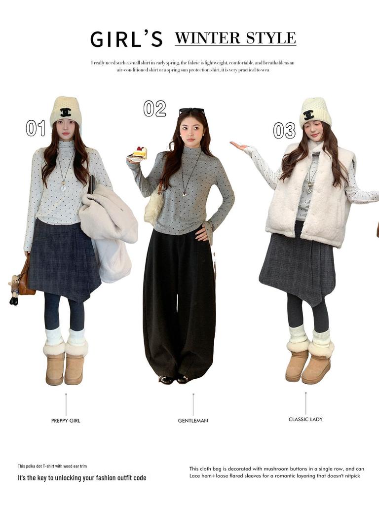 Women's Polka Dot Fleece-Lined Long-Sleeve Base Layer Shirt - Korean Style Winter Top