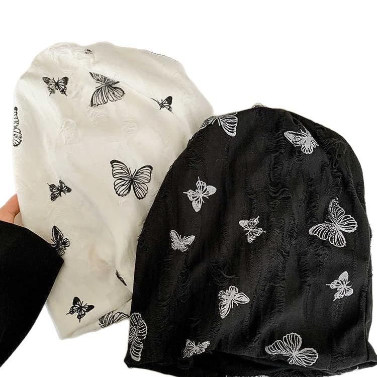 Butterfly embroidery pile hat autumn and winter hat women's retro versatile warm bag head hat showing face small cold hat