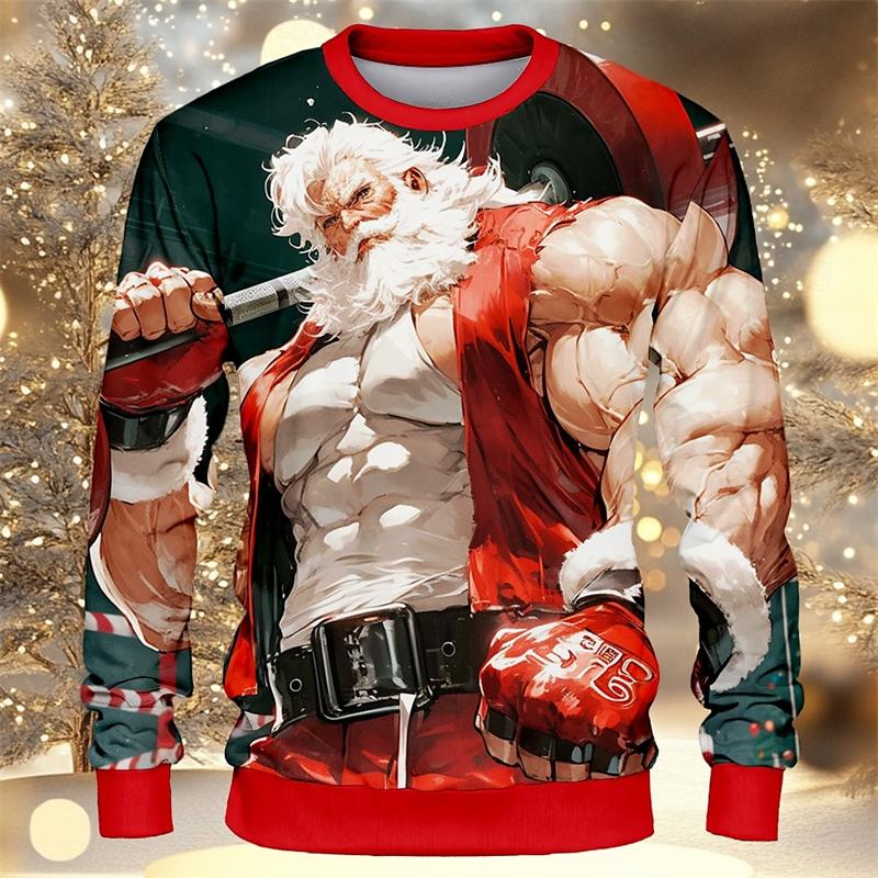 Strong Santa Claus Pattern Sweatshirts Fashion Trend 3D Muscle Printed Crew Neck Hoodie Cool Streetwear Oversized Mens Pullovers