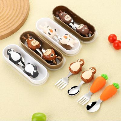 Set di stoviglie per bambini con cartoni animati: Forchetta in Acciaio Inossidabile 304 e Cucchiaio a Manico Corto per l'Allenamento all'Autoalimentazione del Bambino