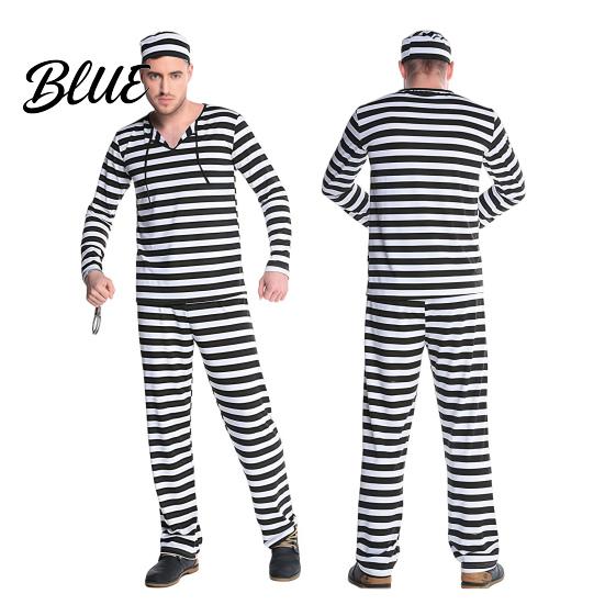 Adult Jail Clothes Prisoner Costume for Adult Women Striped Mini Dress Men Top with Hat Pants Halloween Dress-Up Inmate Uniform & Cuffs Comfortable